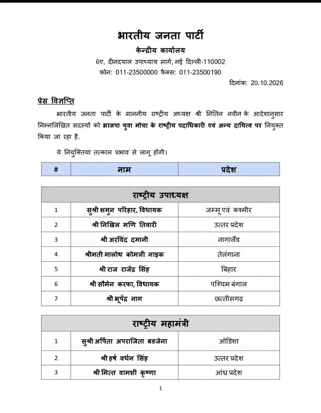 भाजपा युवा मोर्चा की राष्ट्रीय टीम घोषित, सात उपाध्यक्ष और तीन महामंत्री नियुक्त
