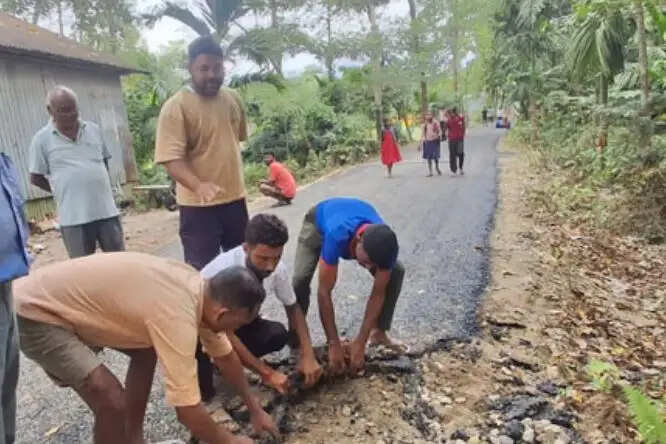 सड़क निर्माण में भारी अनियमितता, हाथ से उखड़ने लगी नई पिच